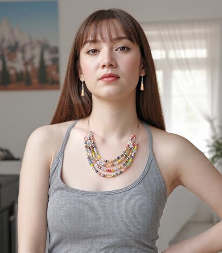 Errally Layered Beaded Statement Necklace Multi Strand Crystal Beads Collar Necklace and Earring Sets for Women Fashion Costume Jewelry Set Gifts for Her - color: Colorful