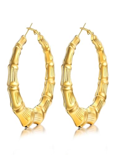 KeyStyle Bamboo Hoop Earrings for Women, Stainless Steel 90s Hoops Earring Lightweight Loops for Party, 2 mm Thick Hypoallergenic Vintage Circle Endless Thin Hoop (40mm, 60mm, 80mm,) - color: 14K Plated Gold-60mm