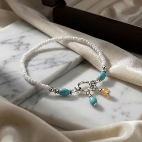 Boho Beads Beach Layered Anklet Set for Women, Handmade Gold Starfish Pearl Shell Anklets Summer Ocean Accessories Jewelry Gift - color: PStarfish Turquoise