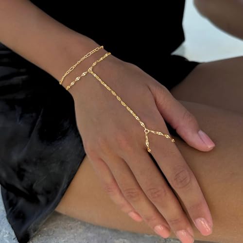 Gold Bracelets for Women Trendy, Dainty Gold Hand Chain Bracelets Stackable 14k Gold Plated Finger Ring Bracelet Hand Chain Cz Flower Layered Link Bracelets for Women Non Tarnish Jewelry Gifts - style: layered lips hand chain bracelet-gold