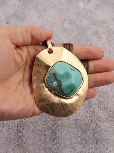 GelConnie Long Necklaces for Women Boho Large Pendant Necklace Casual Bohemian Brown Leather Choker Sweater Circle Statement Stone Necklace - style: Bohemian Turquoise Leather Necklace
