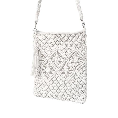 Eiyye Handmade Crochet Purse Boho Cotton Rope Crossbody Shoulder Bag with Tassel Casual Bag for Women - color: Off White-vertical