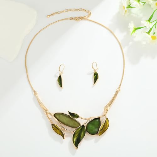 Vintage Chunky Statement Jewelry Set Retro Leaf Floral Geometric Bohemian Boho Bib Necklace Earring Set Fashion Costume Jewelry for Women Girls Wedding Party Prom Unique Gift - style: leaf teardrop oval JS gold green