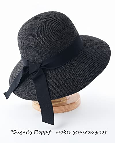 FURTALK Womens Beach Sun Straw Hat UV Protection Travel Packable Foldable Brim Summer UV Hat - color: A-black, size: Medium-Large