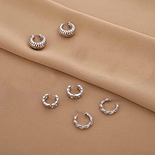 HILXURY Gold Chunky Hoop Earrings Set for Women, 14K Gold Plated Twisted Huggie Hoop Earring Hypoallergenic, Thick Open Hoops Set Lightweight - color: 6 silver chunky hoops