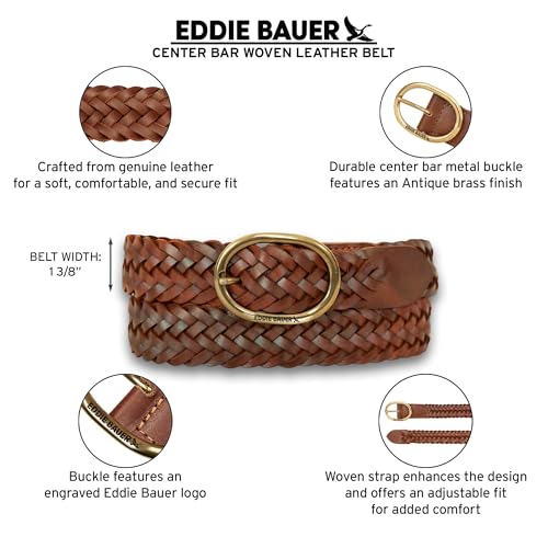 Eddie Bauer Women's Casual Leather Belts with Durable Metal Buckle - color: Center Bar Woven - Tan, size: Large