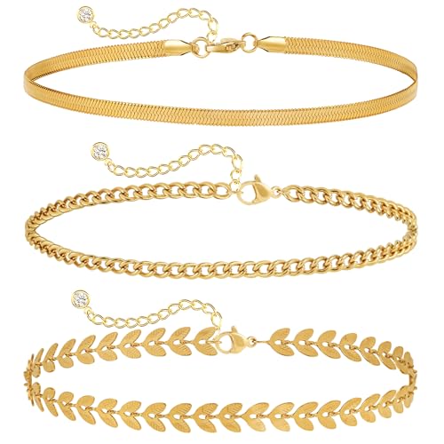 MIDEEO Gold/Silver Ankle Bracelets for Women,14K Gold Anklets for Women Waterproof Cuban Link Heart Beads Herringbone Rhinestone Anklets Set Layered Anklet Bracelets for Women Gold Jewelry Gift - style: 3Pcs Anklets C-Gold