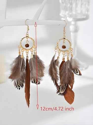 Feather Earrings for Women, Boho Long Brown Gold Dangle Drop Earrings, Handmade Statement Vintage Western Style Lightweight Trendy 2026 Fancy Unique Jewelry Gift - color: Brown