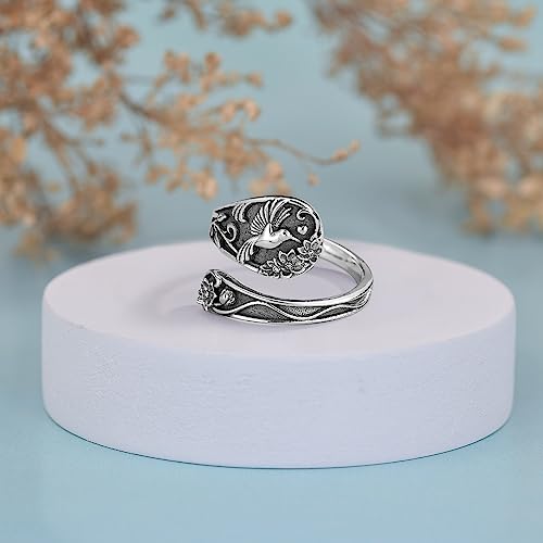 Spoon Ring Sterling Silver Hummingbird Ring Vintage Antique Spoon Rings Adjustable Thumb Rings for Women - color: vintage