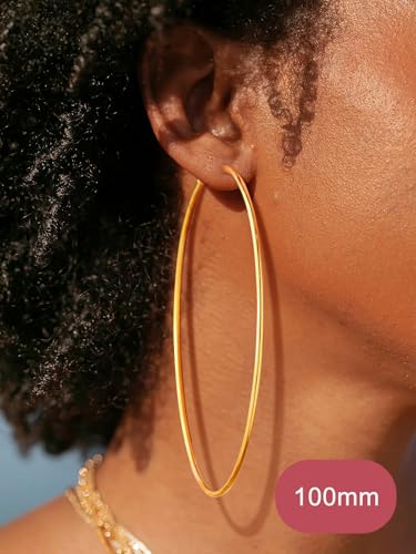 FOCALOOK 14K Gold Plated Lightweight Large Hoops| 2mm Thin Hoop Earrings for Women 30/40/50/70/100mm - color: 01.Gold, size: 100mm