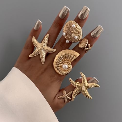 MIFYNN Chunky Gold Starfish Seashel Ring for Women Dainty Conch Pearl Ring Set Boho Ocean Stackable Rings Fashion Adjustable Beach Statement Rings Set Summer Charm Jewelry for Women - color: Gold-6Pcs