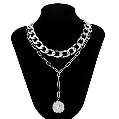 JWICOS Dainty Layered Silver Women's Cuban Chain Necklace Bohemian Coin Pendant Link Chunky Necklace for Women (Silver) - color: Silver