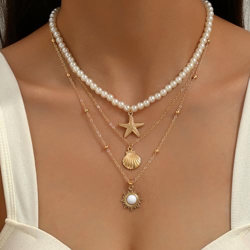 Shell Starfish Necklace for Women Pearl Beach Boho Layered Necklace Charm Accessories Summer Vacation Outfit 2026 - color: B9:starfish shell charm necklace