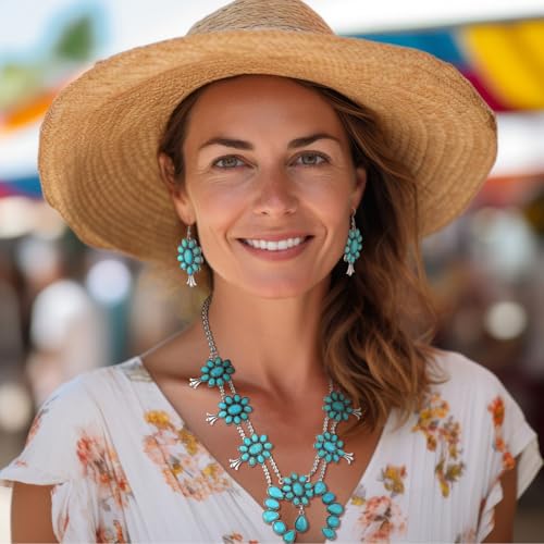 Ecally Bohemian Western Jewelry Turquoise Set Women Country Pendant Long Choker Layered Bracelets Earrings Ring for Women - color: Turquoise, style: Offbeat