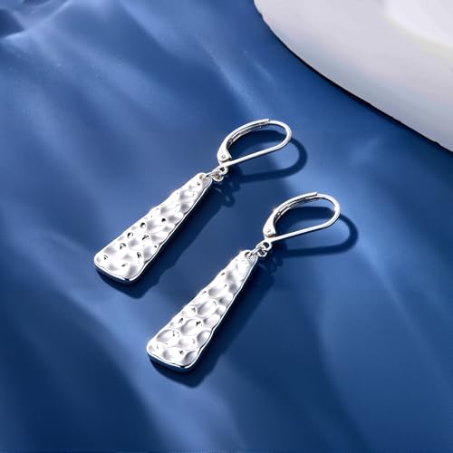 ALEXCRAFT Hammered Silver Dangle Earrings for Women, 14K Gold Plated French Leverback Earrings, Hypoallergenic Lightweight Statement Hammer Square Bar Long Drop Earing for Women Trendy Jewelry Gifts - color: SilverA