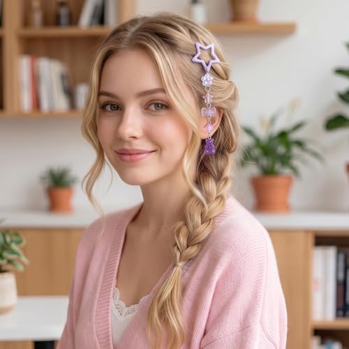 Pndeyo 2pcs Star Tassels Hair Clips for Women, Bow Bear Non-Slip 2000s Y2k Snap Barrettes, Cute Star Beaded Pendant Pin Accessories for Braid Long Short Thin Thick Hair- Purple - color: Purple-B Style