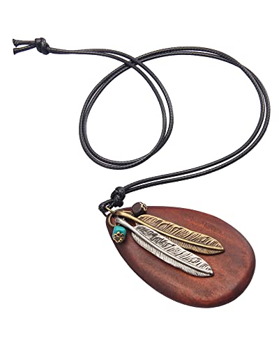 GelConnie Leather Cord Necklace Chain Multilayer Wooden Pendant Necklaces Vintage Jewelry Boho Long Sweater Necklace for Women Men - color: Feather Wood Necklace