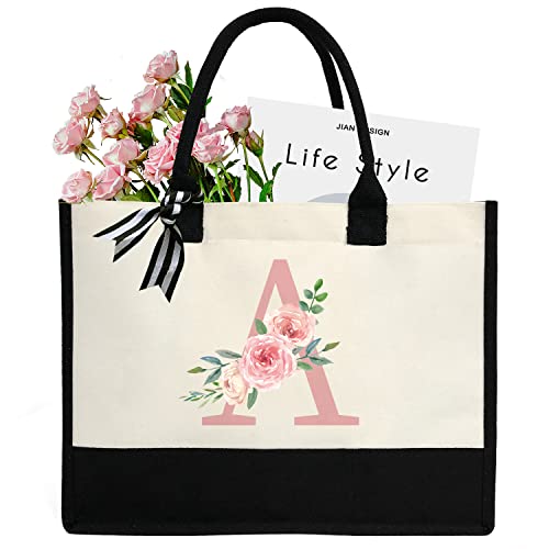 Initial Canvas Tote Bag for Women, Beach Bag with Inner Zipper Pocket Personalized Gifts for Wedding, Birthday | Initial - color: A