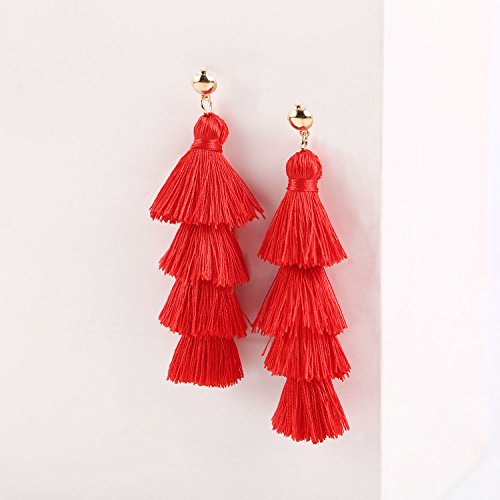 BaubleStar Tassel Earrings Handmade Tiered Thread Tassel Dangle Earrings, Multi Colors - color: Red