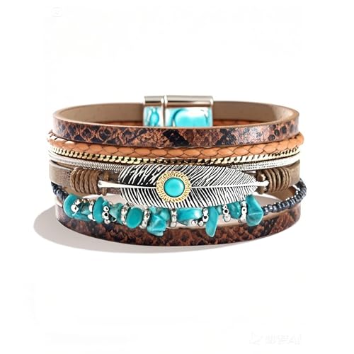Long tiantian Boho Leather Wrap Bracelets Western Bracelets for Women Stackable Starfish Crystal Pearl Turquoise Leather Bracelet With Clasp Jewelry Gifts Boho Dresses - color: A6:BROWN Bracelet