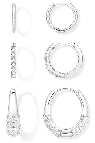 Poxtex Small Sterling Silver Huggie Hoop Earrings Set for Women, Hypoallergenic 14K Gold Plated Hoops Stacks for Multiple Piercings, Dainty Cute Mini Lightweight Cartilage Studs Trendy Jewelry Gift - color: Silver-Chunky CZ