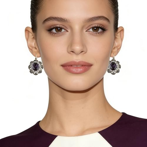 Handmade Bohemian Vintage Gold Sparkly Crystal Round Flower Leverback Earrings Cute Rhinestone Geometry Dangle Drop Earring for Women - color: Dark Purple