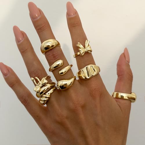 Chunky Gold Rings for Women Non Tarnish Silver Chunky Rings Set Adjustable Thick Statement Ring Gold Stackable Ring for Women Trendy Fashion Silver Jewelry - style: Style3