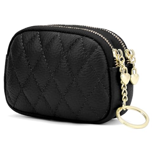 SENDEFN Women's Coin Purse Genuine Leather Wallet Small 2 Zippers Change Pouch Purse with Keychain Ring - color: 2-Black