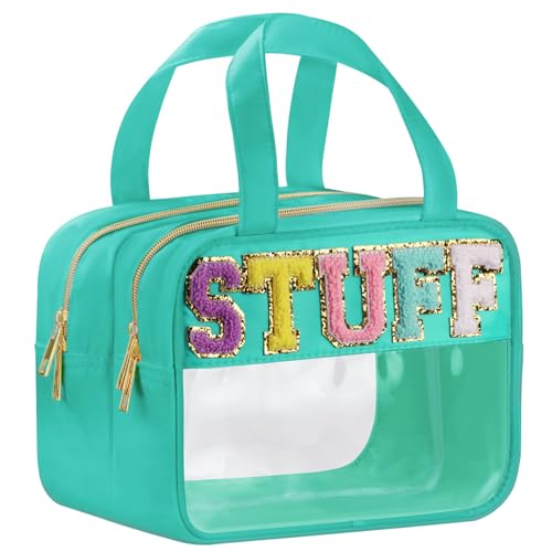 BuyCard Chenille Letter Clear Makeup Bags, Stuff Bag for Travel, Preppy Patch Nylon Cosmetic Bag with Handles and Zipper, Waterproof Large Clear Travel Toiletry Bag Storage Bag for Women - color: Green-Stuff