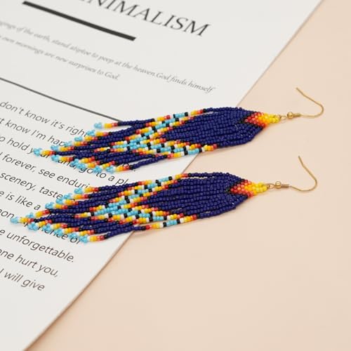 Bohemian Beaded Long Tassel Dangle Earrings for Women, Handmade Jewelry White Tarnish Resistant Lightweight Design, Stylish Accessory for Beach Vacation Party and Gift - color: Blue