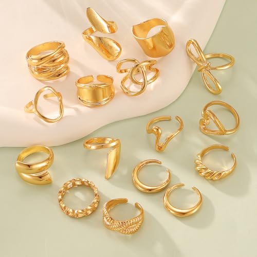 IFKM Gold Chunky Rings Set for Women 14k Gold Plated Thick Dome Stackable Open Rings Trendy Dainty Minimalist Jewelry Gifts - color: Gold, style: Geometric metal wind