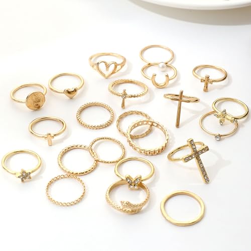 Gold Rings for Women Non Tarnish Stackable Rhinestone Moon Star Rings Dainty Stacking Pearl Butterfly Midi Pinky Thumb Joint Finger Knuckle Ring Set Gold Non Tarnish Jewelry Gifts Trendy Stuff - color: L Silver Stackable Rings 22Pcs