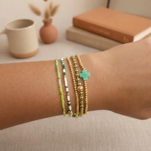 Gold Beaded Cross Bracelet for Women, 14K Plated Adjustable Stackable Dainty Bracelets, Non Tarnish Fashion Jewelry Set Gifts for Women Birthday Friendship - color: Colors-1