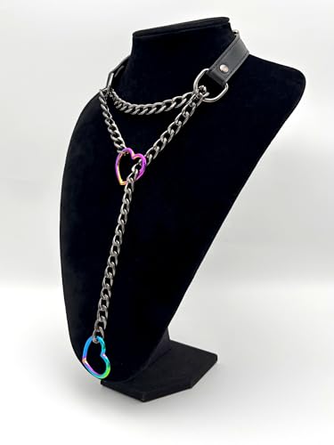 Black Leather Choker Collar For Women, Handmade Heart Slip Chain Choker Long Necklace with Adjustable Buckle - color: B-Black-Black-Rainbow, size: 18''chain