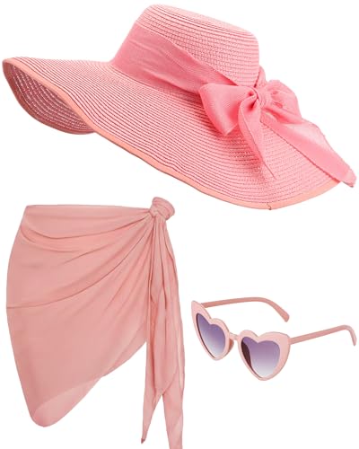 3 Pcs Summer Beach Set for Women Wide Brim Straw Sun Hat, Swimsuit Coverup Sarong, Heart Sunglasses - color: Pink