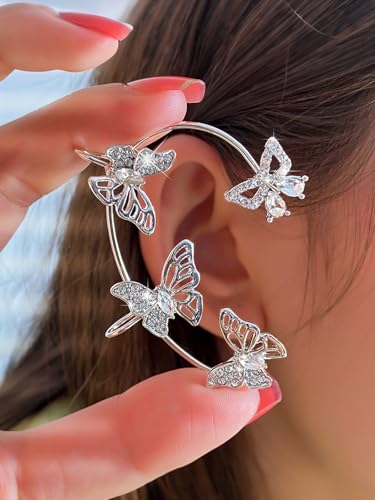 2Pcs Rhinestone Butterfly Earrings Ear Cuffs Non-Pierced Fake Earrings Butterfly Climber Wrap Around Earring Dainty Adjustable Ear Clip Jewelry for Women - color: Style8-silver