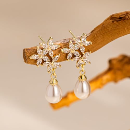 Pearl Earrings - 14K Gold/White Gold/Rose Gold Plated Cubic Zirconia CZ Diaomond Accented Pearl Drop Dangle Earrings for Women Wedding Bridal Prom - color: Flower