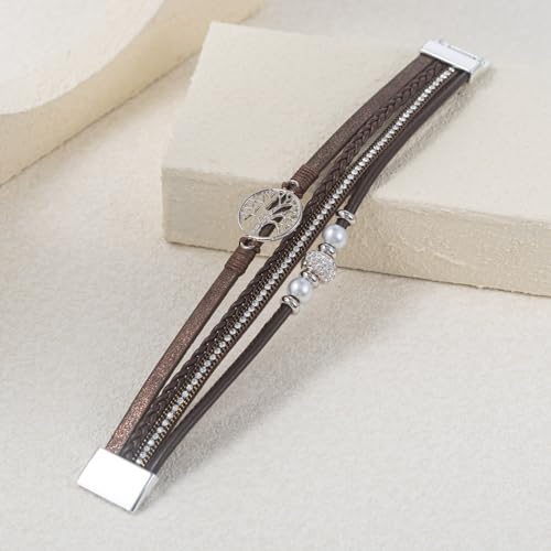 FANCY SHINY Tree of Life Leather Wrap Bracelets Boho Pearl Rhinestone Bead Braided Bracelet with Magnetic Closure Inspirational Spiritual Jewelry Gift for Women