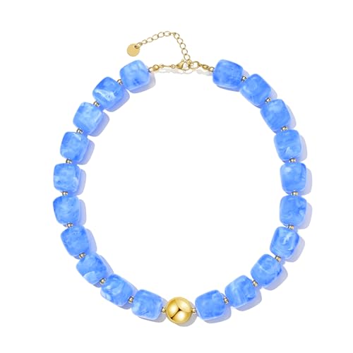 Chunky Beaded Statement Necklace for Women Trendy Colorful Boho Resin Bead Choker Necklaces Summer Handmade Jewelry Gifts Accessories - color: Blue - 2