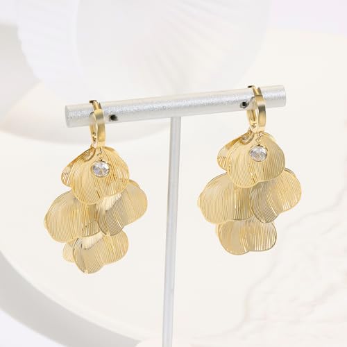 Boho Flower Layered Floral Leaf Drop Dangle Earring For Women,Metal CZ Gold Lightweight Flower Bohemian Gold Petal Exaggerated Jewelry Earrings For Women Brides Party Prom Wedding - color: Gold