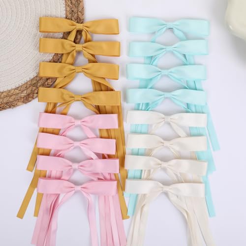 WORTL Hair Bows Clips Coquette Ribbon Bowknot with Long Tail Princess Hair Bows French Barrettes Hair Accessories for Women Girls 16PCS (Pink, Yellow, Cream, Aquamarine) - color: Pink, Yellow, Cream, Aquamarine