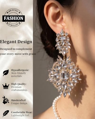 Silver Chandelier Earrings for Women Trendy, Oversized Big Crystal Rhinestone Statement Earrings Dangling Formal Pageant Earings Drag Queen Jewelry - color: Gold