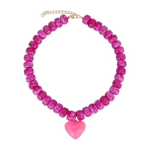 Chunky Colorful Beaded Statement Boho Summer Beach Chokers Necklace Heart Pendant Pink Green Yellow Brown Fashion Jewelry - color: Cranberry pink