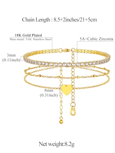 FindChic Black/Silver/Gold Plated Anklets Set of 2PCS/3PCS Herringbone Chain Cuban Link Heart Charm Sparkling Tennis Ankle Bracelets, Waterproof Summer Foot Jewelry for Beach - color: 05. Gold-2PCS Tennis & Beaded Heart