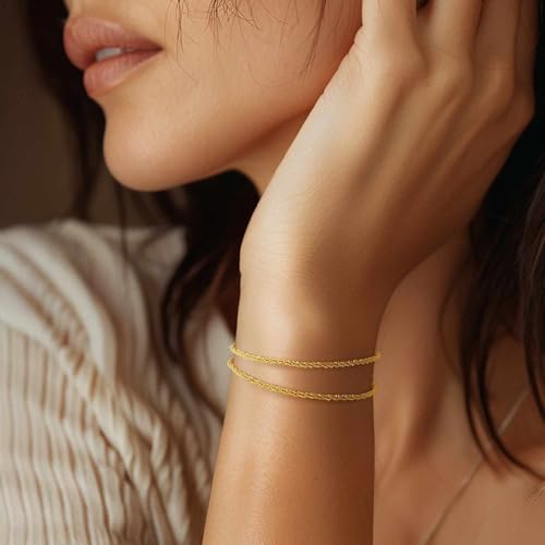 Naiswan 14K Gold Bracelets for Women Gold Double Layer Bracelet for Women Chain Bracelets for Womens Double-Layer Starlight Style Adjustable Bracelet for Womens 17/19/21cm
