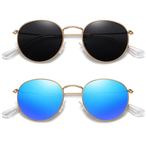 MEETSUN Round Polarized Sunglasses for Women Men Classic Retro Metal Frame Sun Glasses UV Protection - color: (2 Pack) Gold/Blue + Gold/Grey
