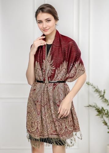 Achillea Reversible Paisley Pashmina Rave Scarf – Exotic Indian Shawls and Wraps for Evening Dresses, Festivals, All Seasons - color: Big Paisley Burgundy