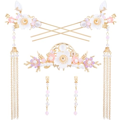 HINZIC 5pcs Flower Tassels Hairpin for Women, Non-Slip Rhinestone Pearl Clover Hair Clips Headpiece, Retro Chinese Hanfu Wedding Brides Hair Accessories for Long Hair - color: Gold