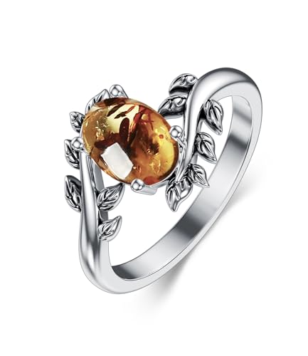 Genuine Turquoise Ring for Women Western Oval Gemstone Jewelry 925 Sterling Silver Leaf Bohemian Boho for Her Wife Mom - color: Amber