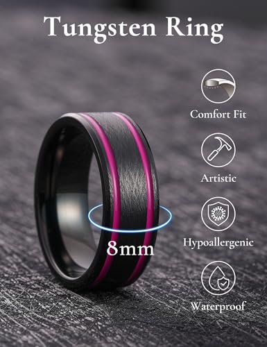 King Will Mens Tungsten Rings for Men Two Tone Grooved Mens Wedding Band Cool - color: Black & Purple Two Groove